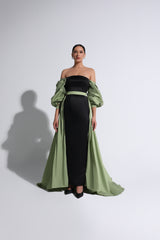 Green & Black Cloqué-Sleeve Off-The-Shoulder Gown