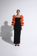 Orange & Black  Gathered Puff-Sleeve Gown