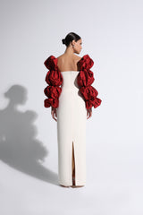 Red & Cream Gathered Puff-Sleeve Gown
