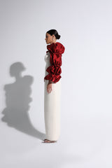 Red & Cream Gathered Puff-Sleeve Gown