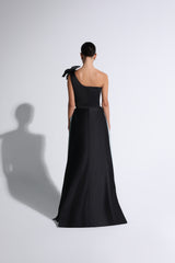 Black & Blue Cape-Effect One-Shoulder Gown
