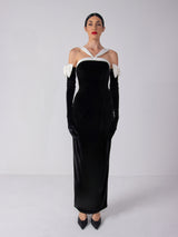 V-Neck Black Velvet and White Silk Gown with Black Gloves