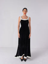 Square Neck Black Velvet Gown with White Silk Piping