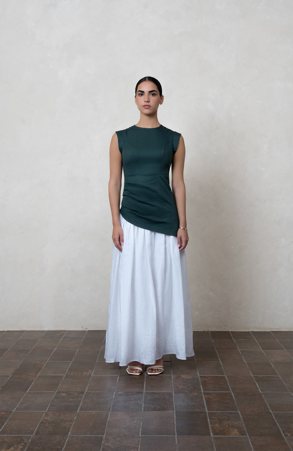 Two-Tone Draped Dark Green Dress with Asymmetric Hem