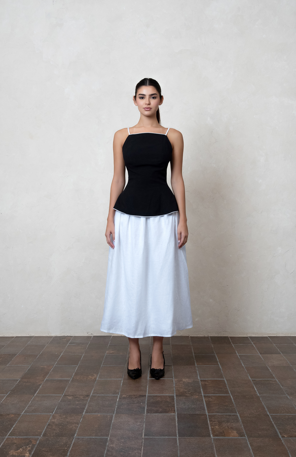Black Linen Peplum Top with white piping