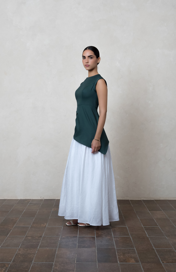 Two-Tone Draped Dark Green Dress with Asymmetric Hem