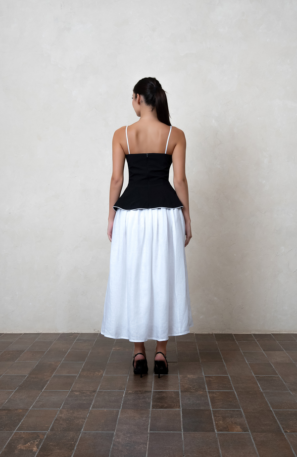 Black Linen Peplum Top with white piping