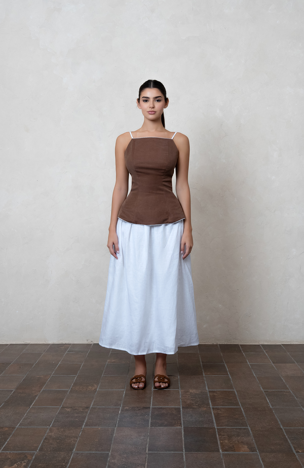 Brown Linen Peplum Top with white  piping