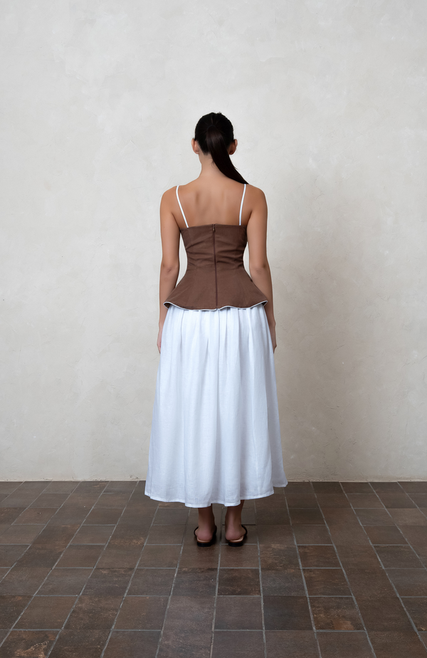 Brown Linen Peplum Top with white  piping