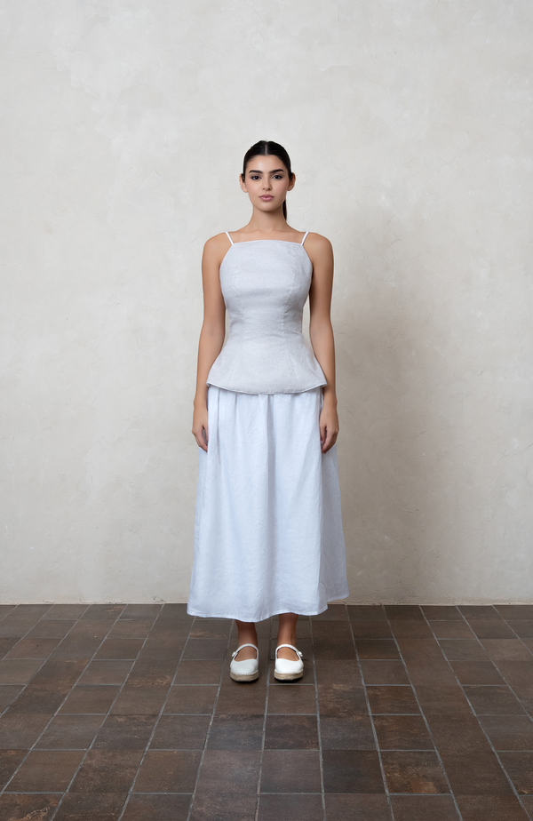 Greige Linen Peplum Top with white  piping