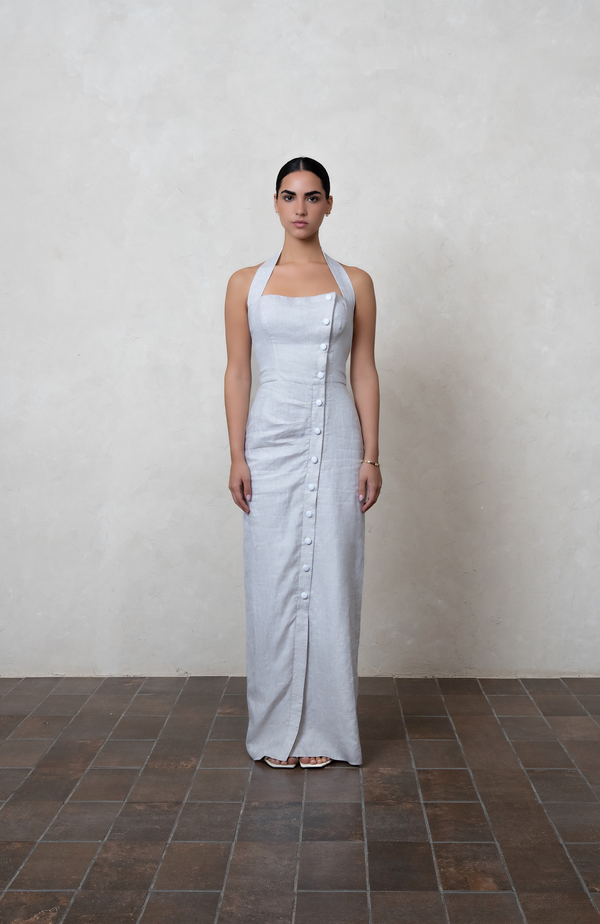 greige Halter Linen Maxi Dress