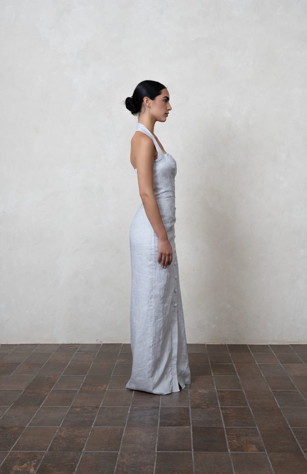 greige Halter Linen Maxi Dress