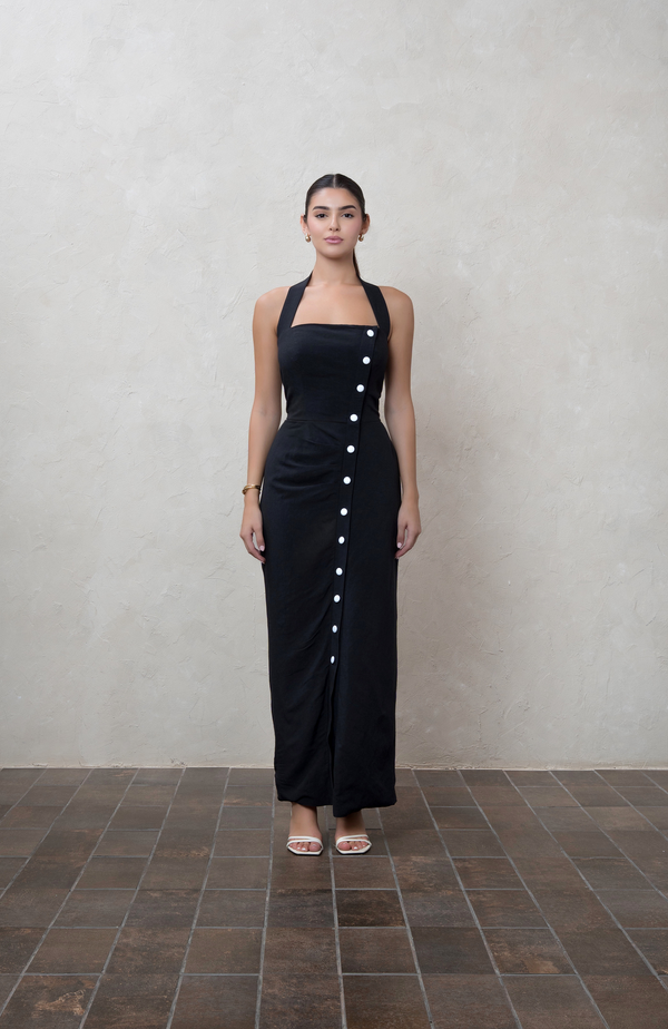 Black Halter Linen Maxi Dress