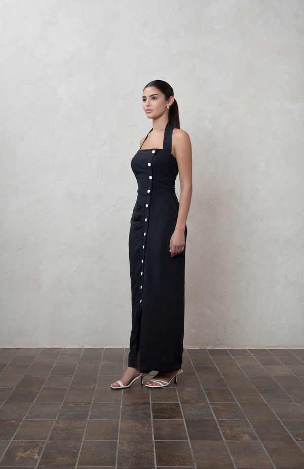 Black Halter Linen Maxi Dress