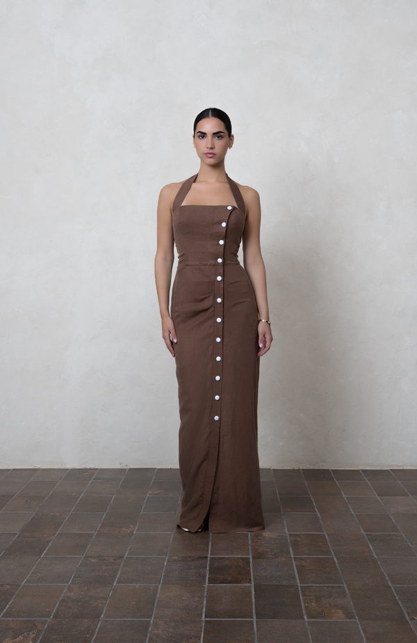 Brown Halter Linen Maxi Dress