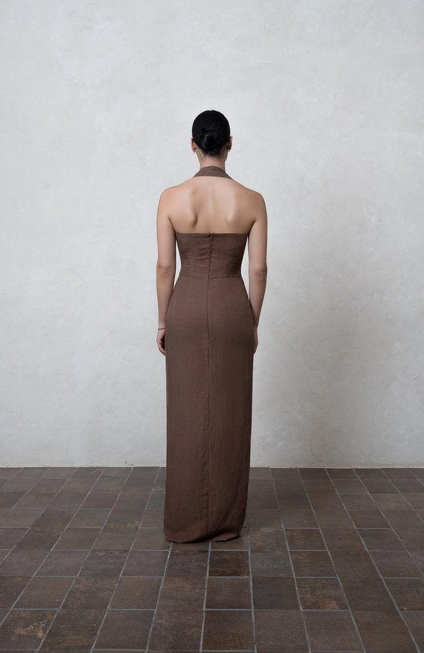 Brown Halter Linen Maxi Dress
