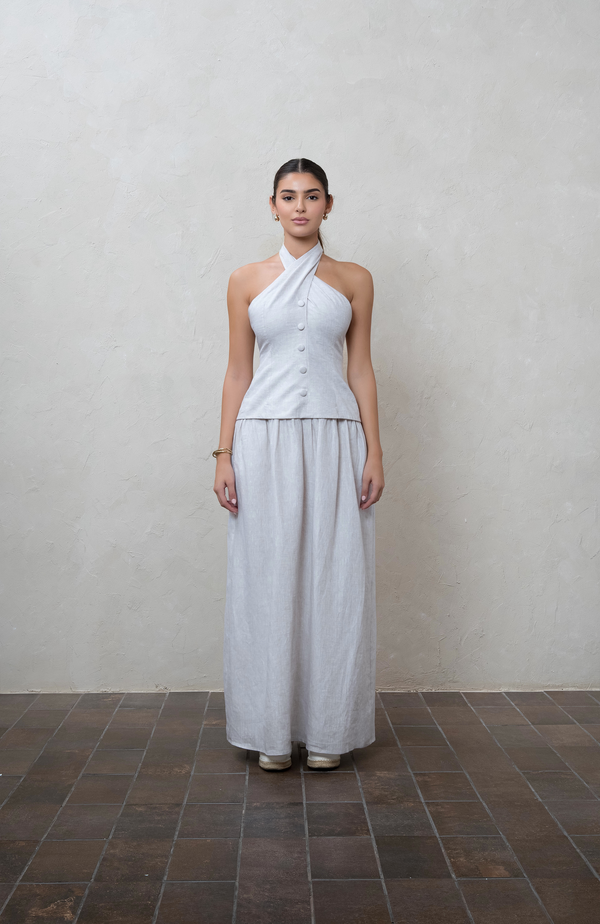 Greige Crossover Halter Linen Dress