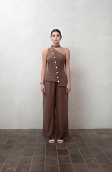 Brown One-shoulder top with white buttons