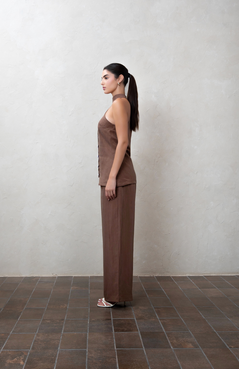 Brown One-shoulder top with white buttons