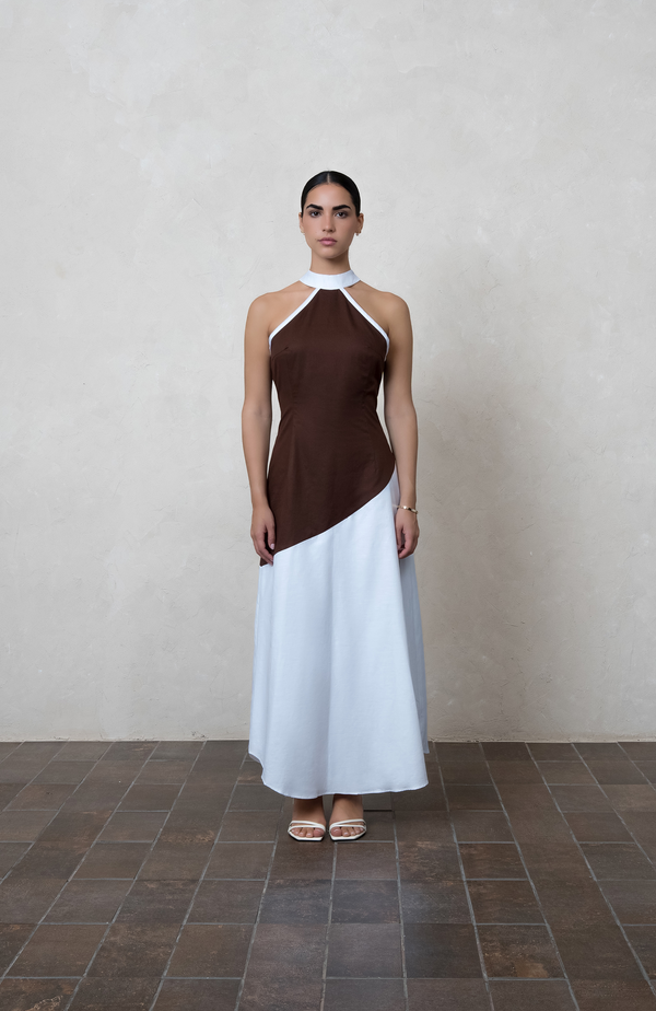 Two-Tone Brown & White Cotton Halter Maxi Dress