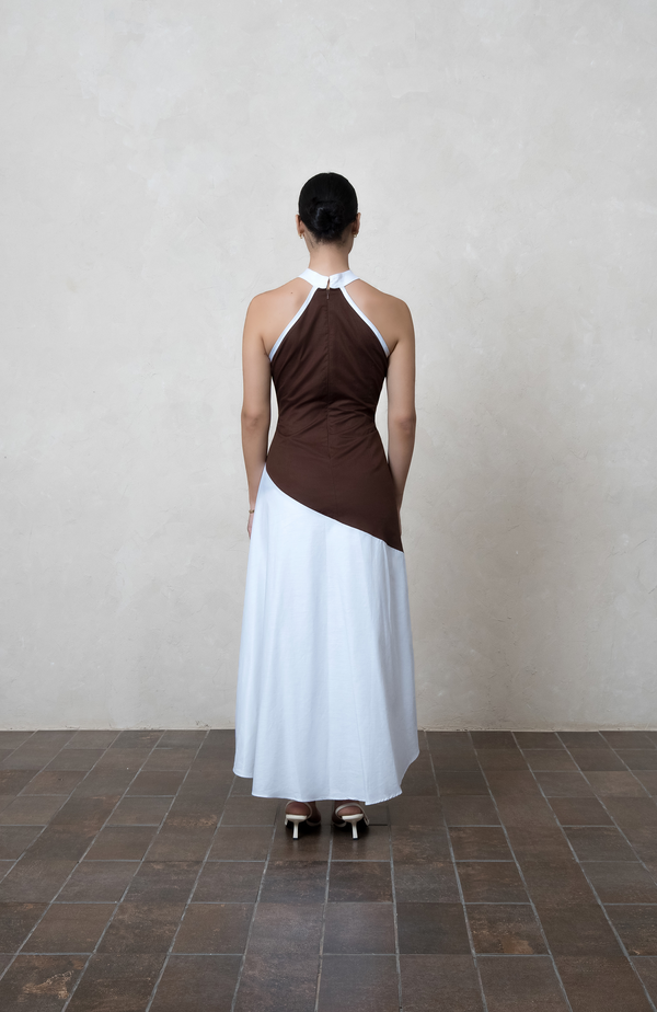 Two-Tone Brown & White Cotton Halter Maxi Dress