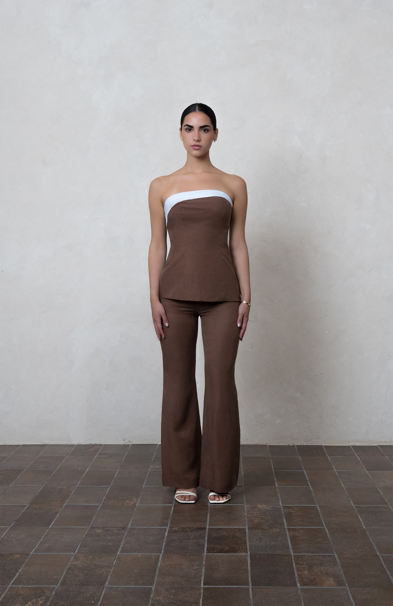 Brown linen Strapless Top with Pleated Trim