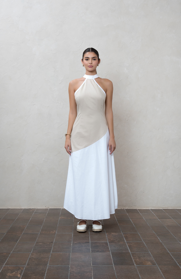 Two-Tone Beige & White Cotton Halter Maxi Dress