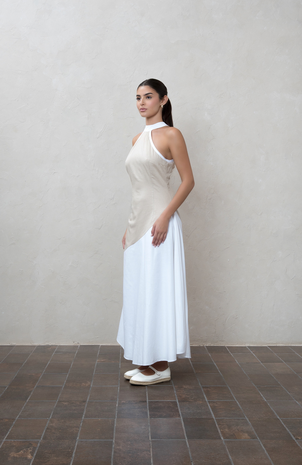 Two-Tone Beige & White Cotton Halter Maxi Dress