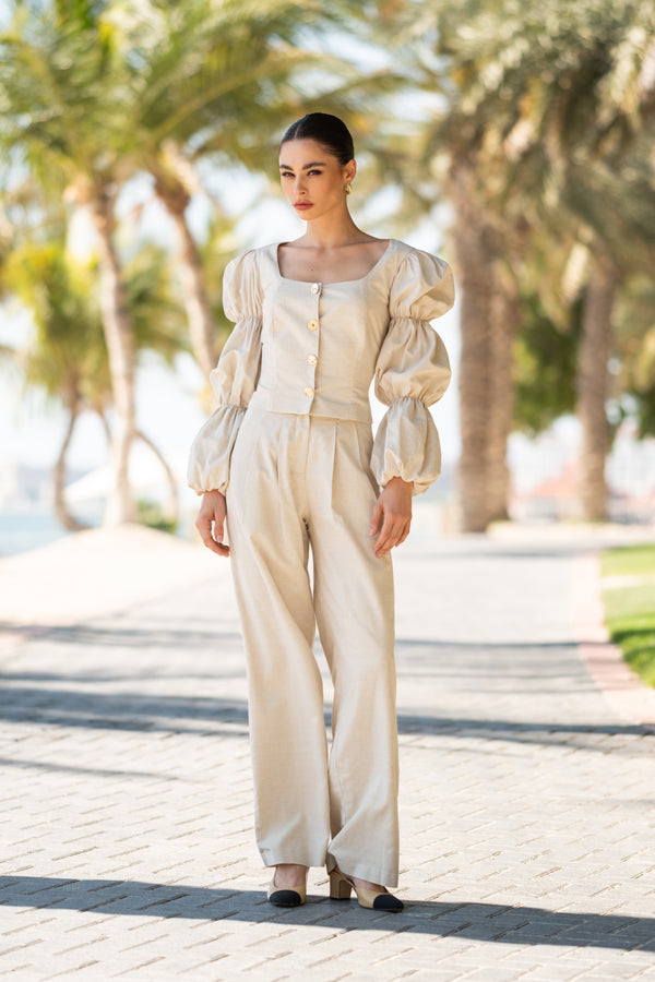 Beige Linen High Waist Tailored Straight Pants