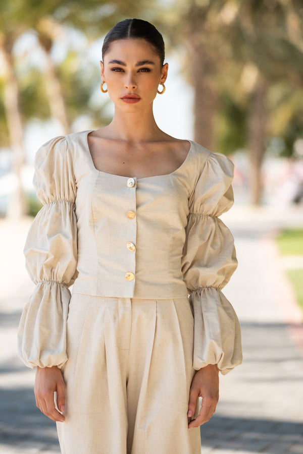 Beige Linen Long sleeve Puff Sleeve Top With Gold Buttons