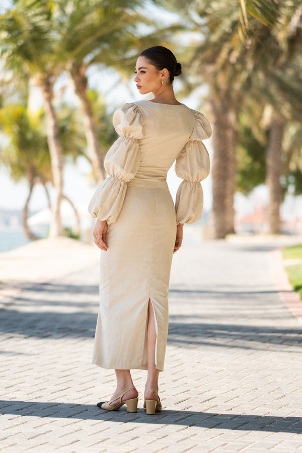 Beige Linen Long sleeve Puff Sleeve Top With Gold Buttons