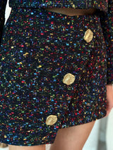 Black Rainbow tweed mini skirt with side golden buttons