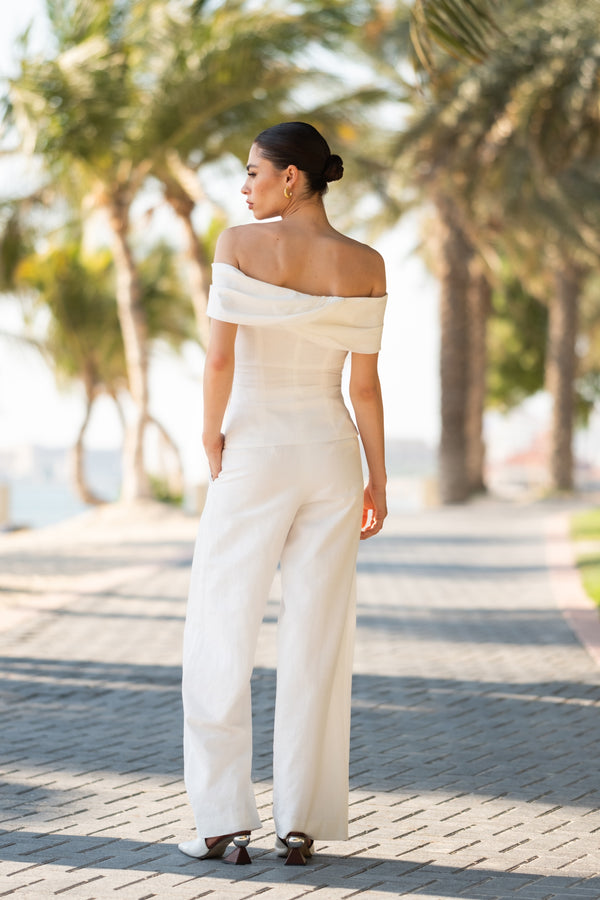 Off-White Linen  Off--Shoulder top with golden buttons