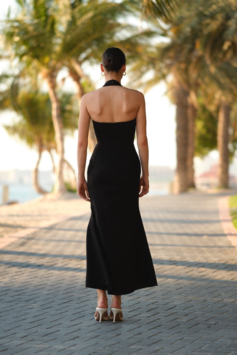 Black Linen Halter Neck Long Dress with Golden Buttons