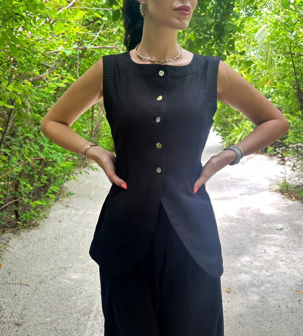 Black Linen Vest with Silver and Gold Buttons