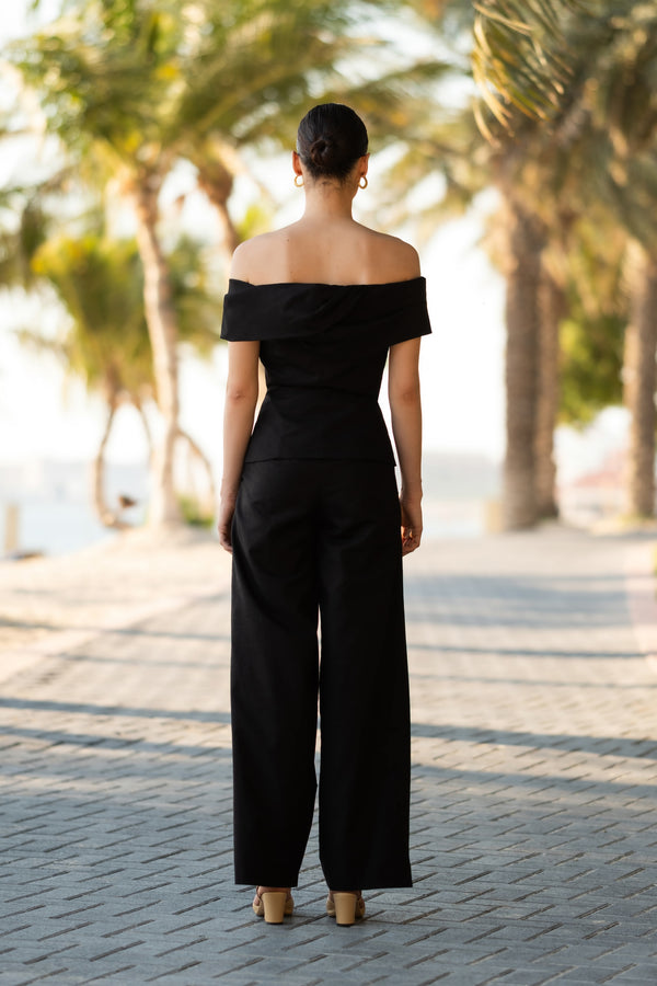 Black Linen Off--Shoulder top with golden buttons