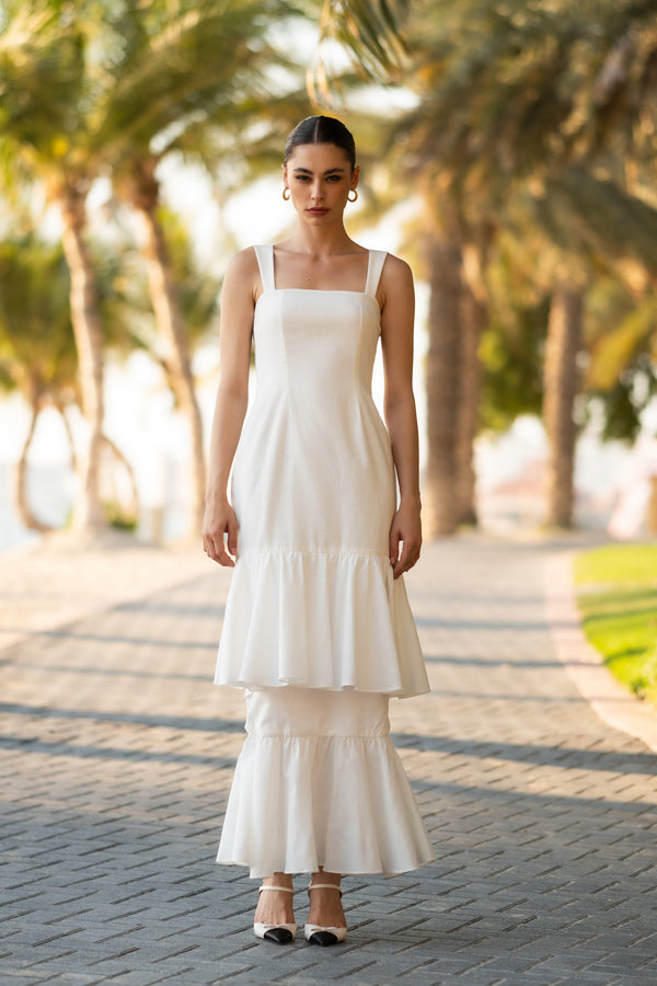 Off-White Linen Ruffled Maxi Dress