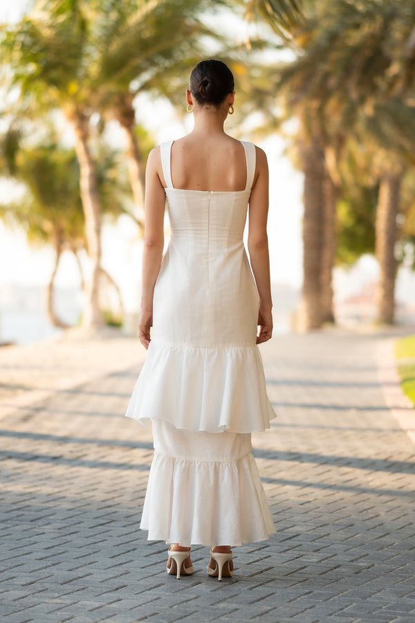 Off-White Linen Ruffled Maxi Dress