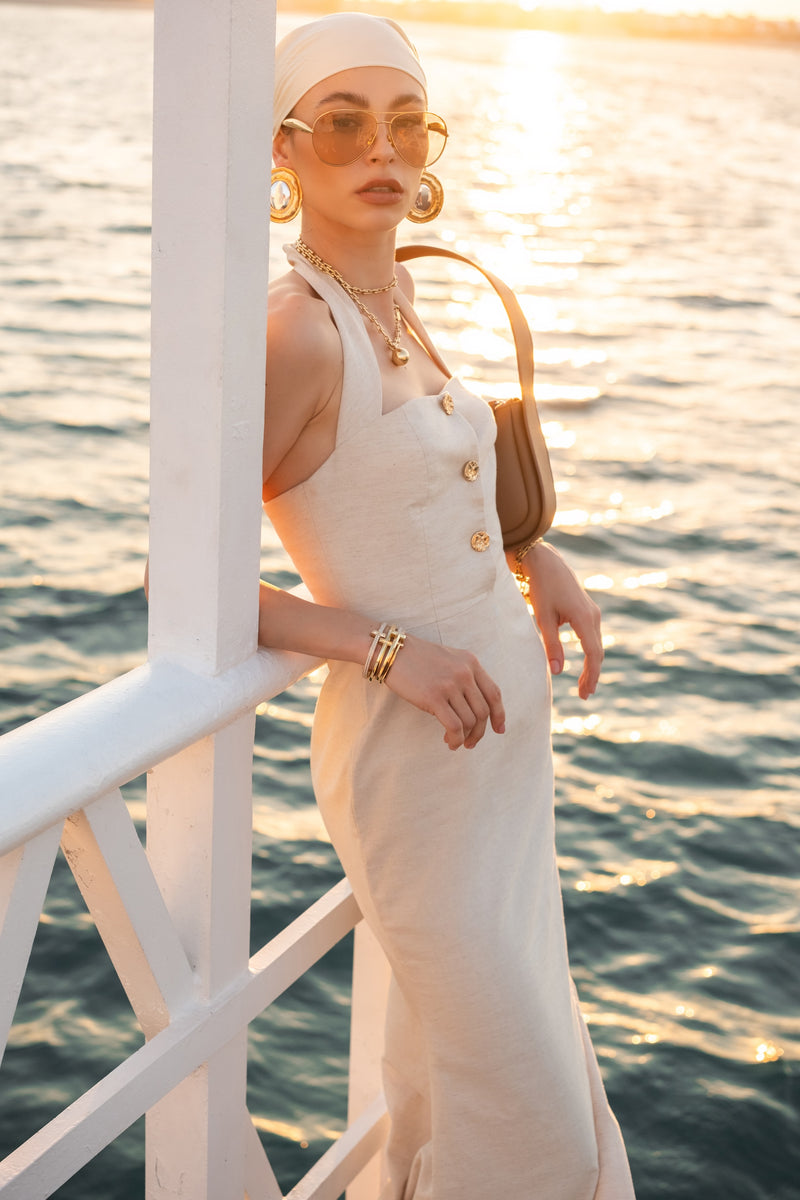 Beige Linen Halter Neck Long Dress with Golden Buttons