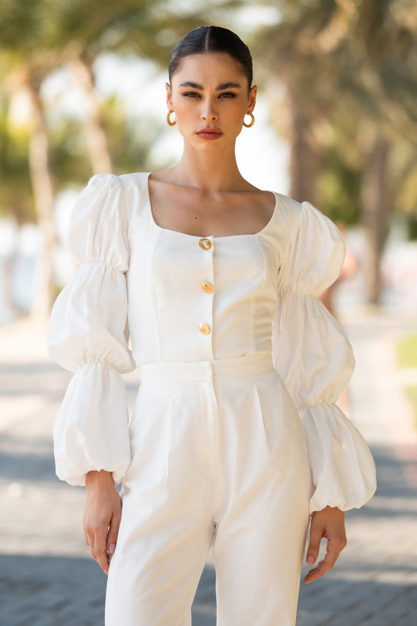 Off-White Linen Long Puff Sleeve Top With Gold Buttons