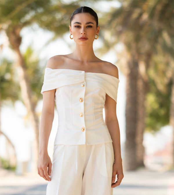 Off-White Linen  Off--Shoulder top with golden buttons