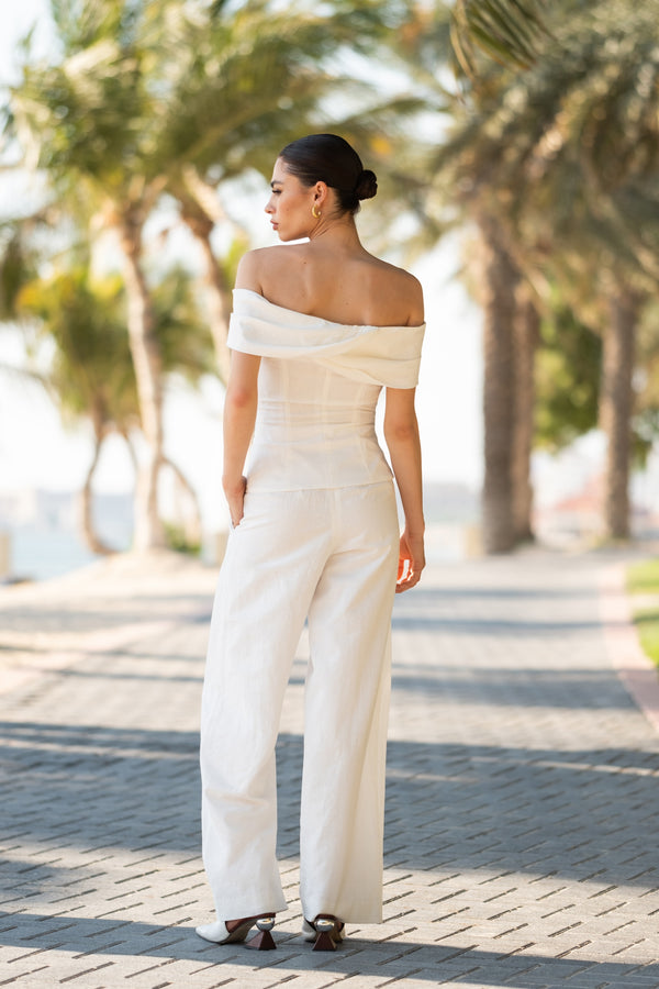 Off-White Linen High Waist Tailored Straight Pants