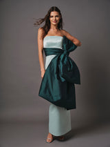 light green mikado gown with exaggerated taffeta bow