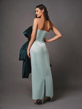 light green mikado gown with exaggerated taffeta bow