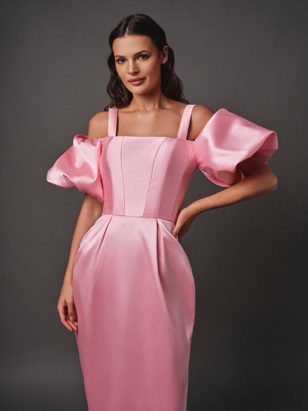 Pink midi mikado dress with cold shoulder puff sleeve