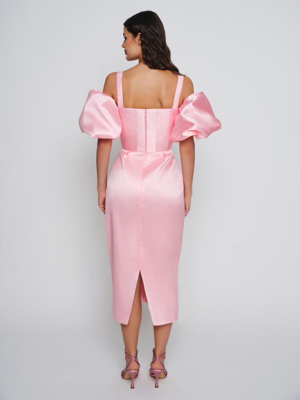 Pink midi mikado dress with cold shoulder puff sleeve