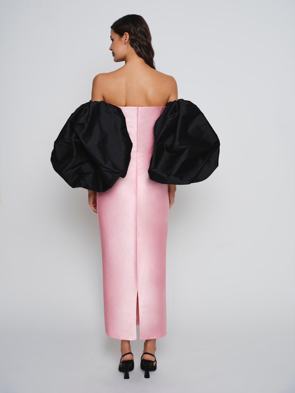 Pink mikado dress with black tafeta  puff sleeve