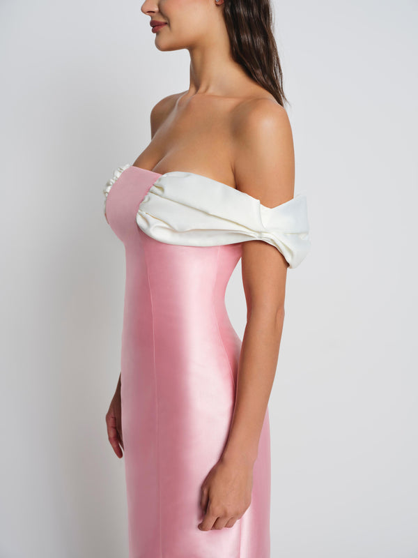 Off-shoulder pink mikado gown with white sleeves