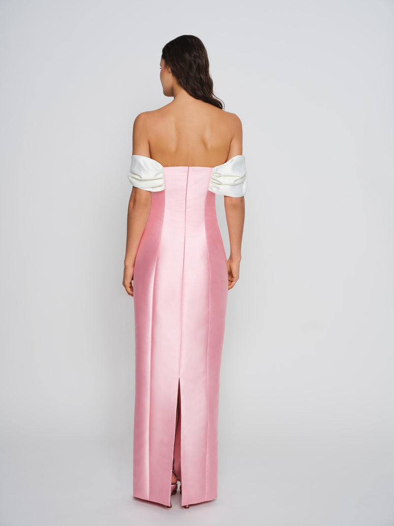 Off-shoulder pink mikado gown with white sleeves