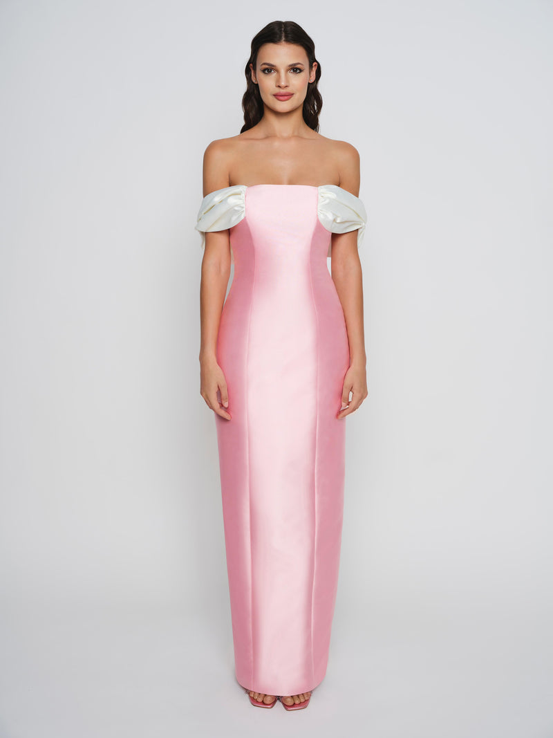 Off-shoulder pink mikado gown with white sleeves